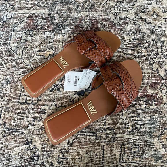 NWT Zara Leather Braided Woven Knot Sandals in Cognac Brown - 6.5 - Picture 8 of 8